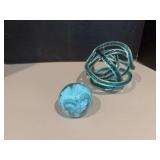Twisted glass rope sculpture and clear glass paperweight w blue flower