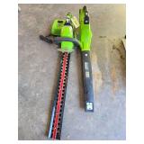 Greenworks 40V elec hedge trimmers and blower, battery and charger
