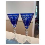 Two blue Czech glass wine glasses