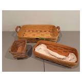 Two Longaberger baskets and Peterboro basket w leather handles