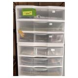 (2) 3 drawer plastic storage containers and scrapbooking contents
