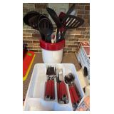 Utensil holder and utensils, cookbooks, apron and 3pc flatware set for 5