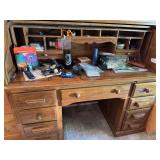 Contents in top of desk and drawers includes Canon digital camera, Roku hookup, LED strip lights, office supplies, etc