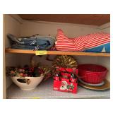 Christmas decor-Food Network bowl, Coca-Cola reindeers, Santa’s cookie plate, large gingerbread man, chargers, gold poinsettia