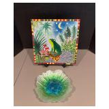 12x12 ceramic frog tile and blue/green/opalescent dish