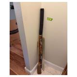 Old wood laundry fork, grape masher and rain stick