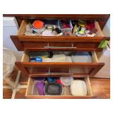 Three drawers of kitchen items-MANY plastic storage containers, measuring cups & spoons, etc