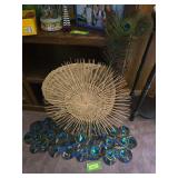 Peacock colored beaded table runner, 2 woven straw pcs, bud vase w/ peacock feather