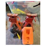 HD jack stands, wheel chocks, and bottle jack