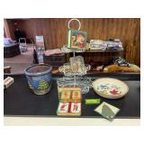 Metal cupcake tree, cards, bowl and planter