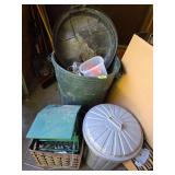 Garbage can of bird feeders, tarp and squirrel proof bird feeder