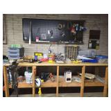 All on and under bench and pegboard includes wiring nuts, drawer assortment, clear tubing, spotlight, cord reel etc NO VISE!!!