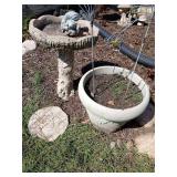 Plastic planter 18R x 15H, cement birdbath 22H, plastic squirrels