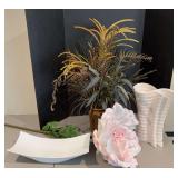 18” long Bella Luxe console dish, 15” tall white vase w a large artificial peony and small vase w grasses