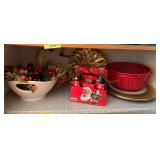 Christmas decor-Food Network bowl, Coca-Cola reindeers, Santa’s cookie plate, large gingerbread man, chargers, gold poinsettia