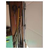 Leaf rakes, telescoping handle, stainless steel grab bar, dog cables, antique wallpapering straight edge