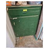 24" base cabinet, gardening tools and supplies