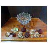 Clear glass console bowl with diamonds and rubies