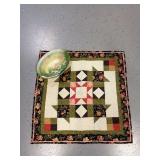 Limoges hand painted console bowl w floral design and 26x26 quilted wall hanging