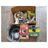 Partial boxes of Cat6 and Cat5e cable, misc cabling, outdoor speakers and flat surface mount speakers