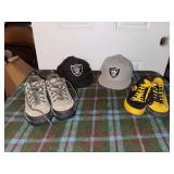 Two Raiders ball caps, Iowa Hawkeyes women’s size 7 skater shoes and womens Columbia Trailmeister size 6 hiking boots