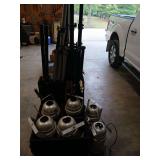 4 aluminum stage light tripods, crossbars, 6 stage lights with brackets and extra light cans