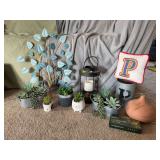 Essential oils w diffuser, artificial  succulent decor, candleholder lantern, wall art and “P” 😁