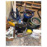 Planters, Craftsman circular saw, plumbing, tub full of who knows what kind of goodies, sticky tile squares, etc