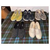 Three pair Hey Dudes size 8 and two pair Toms size 9