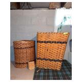 Three Amish made baskets-lidded hamper 24x20x21H, corner basket 16x19x25H and hanging key/mail basket See photos for condition