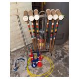 Croquet set, modern lawn darts and horseshoe set, currently missing a pole