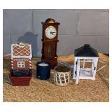 Gold tablecloth, wax warmer, candleholders, small cookie jar, United electric “grandfather” clock