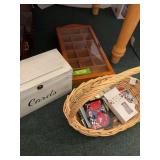 Small shadow box, card box and basket full of stuff