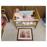 Doll crib with print and two Ashton-Drake rubber dolls