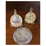 Two cup and saucer sets, clear glass ashtray w glass prisms