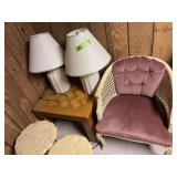 Two table lamps, side table and wrap around chair