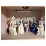 Six Avon Presidents Club Award figurines depicting Mrs PFE Albee, Avons first representative