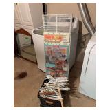 NEW Rafter Solutions hanging storage shelves, a box of clothes hangers and rod of clothes hangers