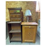 Tall narrow chest of drawers, tip out door trash bin, lamp, bookshelf etc...