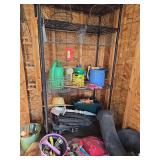 Welded wire shelf unit, gardening supplies, rear bagger for ???? mower, potting soil and more