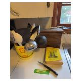 Flower pot of kitchen utensils, Cutco knife, cookbook and recipe box