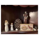 Willow Tree figurines, St Francis figurine, a BIG pinecone and cats!