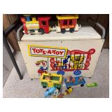 Childs lift top toy box and FP animal train