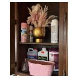 Spray paints, plant starter, hummingbird nectar, bee catcher, pink metal tin w scissors and tape measures