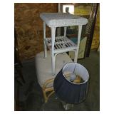 Bamboo ottoman, wicker table and chrome lamp
