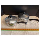 Two Farberware stainless steel pans w lids