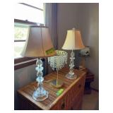 Pair of matching clear acrylic lamps and small lamp w glass prisms