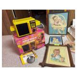 Vintage Easy-Bake oven, chalkboard and baby pictures