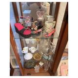 Three shelves of collectibles includes Westmoreland milk glass miniatures, pink glass, green glass, World of Miniature Bears bears, mini shoes, etc