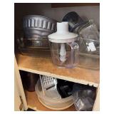 Clear glass baking dishes, egg cooker, rolling pin, cheese grater, etc